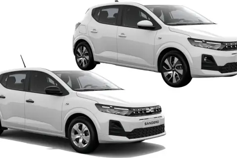 Dwa białe samochody Dacia Sandero 2025, jeden z przodu, drugi z boku, prezentują nowoczesny design i praktyczność.