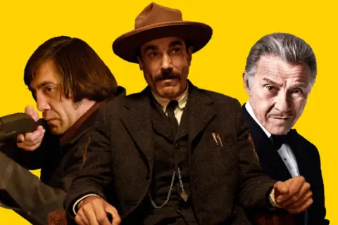 Trzech mężczyzn z filmów: Javier Bardem z karabinem, Daniel Day-Lewis w kapeluszu i Al Pacino w smokingu. Film warty obejrzenia!