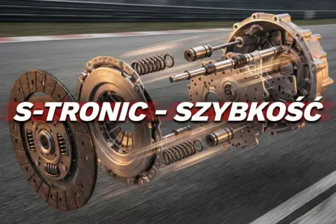 Rozłożony na części S-TRONIC, symbol szybkości i precyzji, na tle toru wyścigowego.