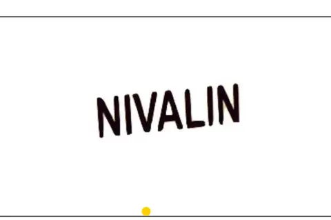 Nivalin - napis na białym tle, poniżej żółta kropka.