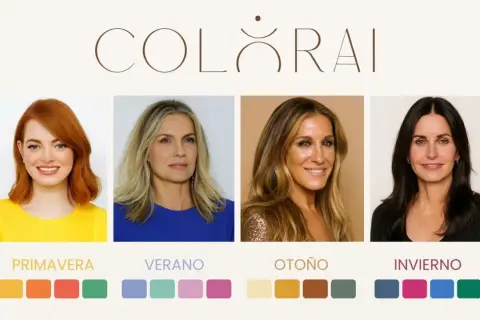 Cuatro mujeres representan los tipos de colorimetría: Primavera, Verano, Otoño e Invierno, con paletas de colores asociadas.