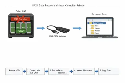 RAID-Datenwiederherstellung: Aus einem ausgefallenen NAS mit intakten Festplatten werden Daten über einen USB-SATA-Adapter auf einen Laptop kopiert, um den **home server** wiederherzustellen.