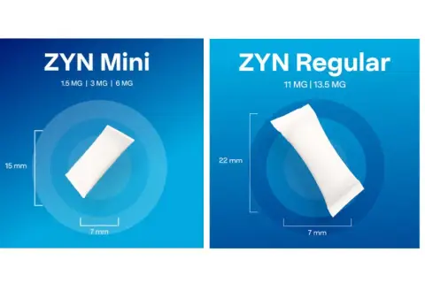Porównanie rozmiarów i mocy ZYN Mini (15 mm, 1.5-6 mg) i ZYN Regular (22 mm, 11-13.5 mg).