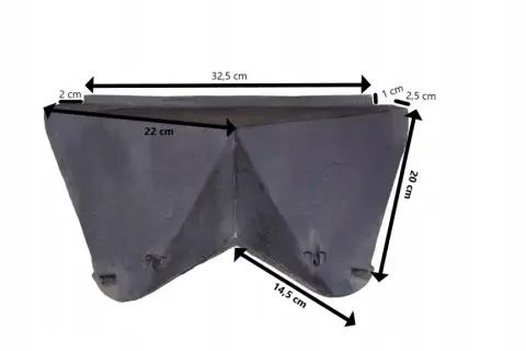 Czarny deflektor do kominka Nordflam, wykonany z metalu, z widocznymi wymiarami: 32,5 cm, 22 cm, 20 cm, 14,5 cm, 2,5 cm i 1 cm.