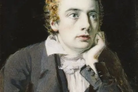A thoughtful John Keats portrait, his hand resting on his cheek, with curly hair and a ruffled collar.