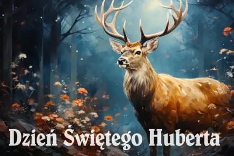 Majestatyczny jeleń w lesie, otoczony jesiennymi kwiatami. 14 listopada to Dzień Świętego Huberta, patrona myśliwych.