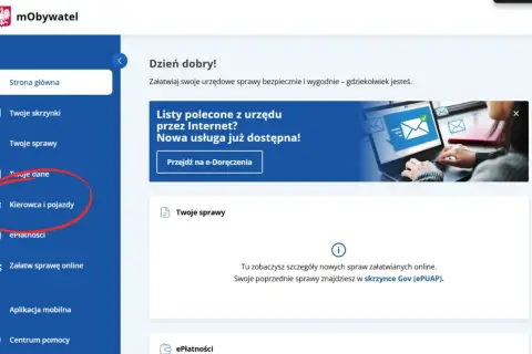Menu "Kierowca i pojazdy" na stronie mObywatel. Sprawdź, ile punktów karnych masz na koncie.