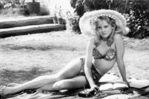 Młoda kobieta w bikini i kapeluszu leży na trawie, czytając książkę. Scena jak z letnich filmów erotycznych.