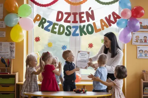 Nauczycielka wręcza dyplom grupie przedszkolaków na tle kolorowych balonów i napisu "Dzień Przedszkolaka".