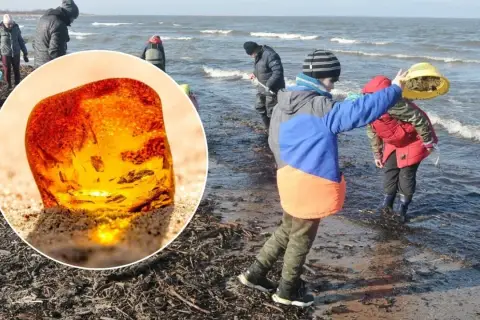 Dzieci szukają bursztynu nad Bałtykiem. To właśnie tam, gdzie nad morzem jest najwięcej bursztynu, można znaleźć takie skarby.