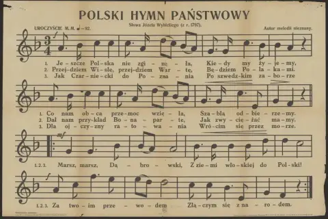 Polski hymn państwowy z nutami i tekstem. Melodia nieznana, słowa Józefa Wybickiego.