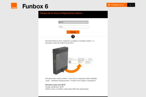 Ekran logowania do Funbox 6. Dowiedz się, jak zmienic haslo Orange Swiatlowod, szukając domyślnego hasła na naklejce modemu.