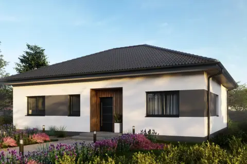 Nowoczesny dom parterowy z pięknym ogrodem. Czy dom parterowy jest tańszy w budowie? Ten projekt może być odpowiedzią.