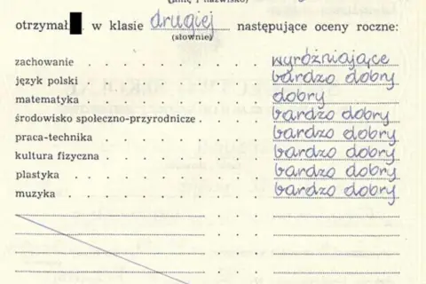 Fragment świadectwa szkolnego z listą przedmiotów i ocenami rocznymi, m.in. "bardzo dobry".