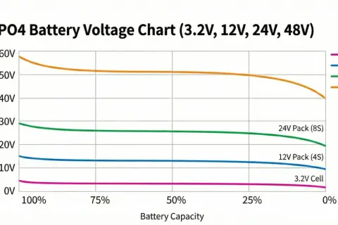 Wykres pokazuje zależność napięcia akumulatora LiFePO4 od jego pojemności. Linie reprezentują różne konfiguracje: 3.2V Cell, 12V Pack (4S), 24V Pack (8S) i 48V Pack (16S).