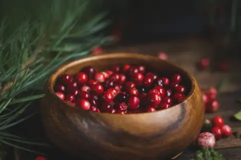 Drewniana miska pełna świeżych, czerwonych borówek. Obok gałązka sosny. Niskie borówki kcal, idealne na zdrową przekąskę.