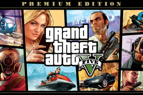 Okładka "Grand Theft Auto V Premium Edition" z postaciami, helikopterem, psem i samochodami. Szukasz GTA V za darmo?