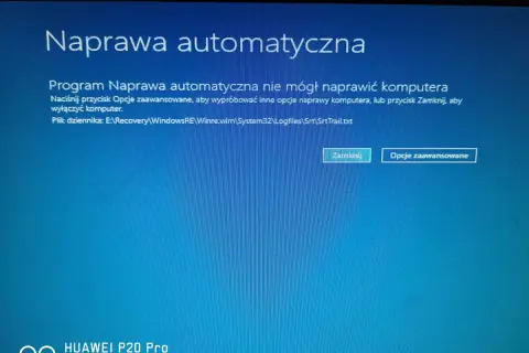 Ekran błędu "Naprawa automatyczna" w Windows 10. Program nie mógł naprawić komputera, sugeruje opcje zaawansowane lub zamknięcie.