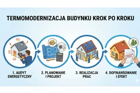 Schemat przedstawia kompleksowa termomodernizacja budynku: audyt, planowanie, realizacja i dofinansowanie.