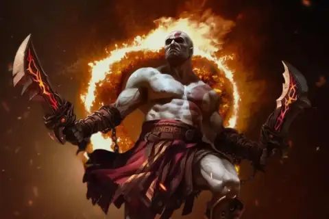 Kratos z płonącymi ostrzami, otoczony ogniem, w epickiej scenie god of war remake.