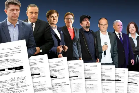 Grupa polityków na tle dokumentów finansowych.