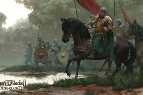 Wojownicy w zbrojach i hełmach, prowadzeni przez jeźdźca na koniu, maszerują przez błotnisty teren. To scena z gry Mount & Blade II: Bannerlord.