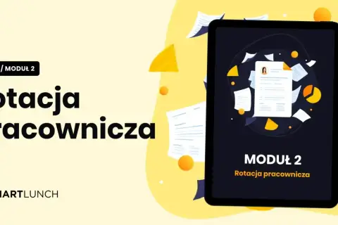 Ebook o rotacji pracowniczej. Grafika przedstawia tablet z dokumentami i wykresami, symbolizującymi fluktuację.