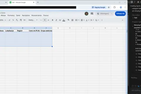 Pusta tabela w Arkuszach Google z nagłówkami: Organizator, Nazwa Obozu, Lokalizacja, Region, Cena od (PLN), Grupa wiekowa.