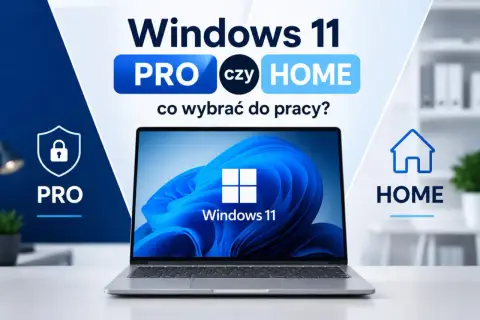 Windows 11 Home vs Pro: co wybrać do pracy? Laptop z systemem Windows 11 na tle grafiki porównującej wersje Pro i Home.