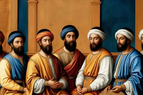 Sześciu mężczyzn w barwnych szatach i turbanach. Kim jest eunuch? To pytanie, które może pojawić się, patrząc na te postacie.