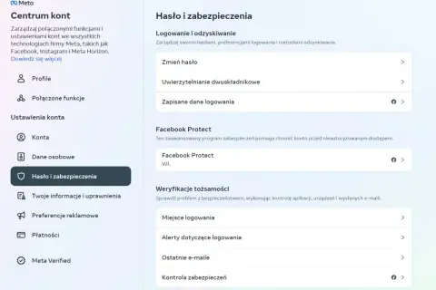 Ustawienia konta Meta: Hasło i zabezpieczenia, w tym dwuskładnikowe uwierzytelnianie i Facebook Protect, chronią przed atakami typu brute force.