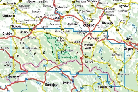 Beskid Niski atrakcje: mapa z zaznaczonym Magurskim Parkiem Narodowym, drogami i miejscowościami jak Gorlice, Krosno, Dukla, Iwonicz-Zdrój.