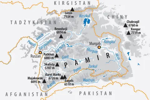 Mapa Gór Pamir z zaznaczonymi szczytami (Lenin 7134 m, Kongur 7719 m) i rzekami (Piandj, Bartang).
