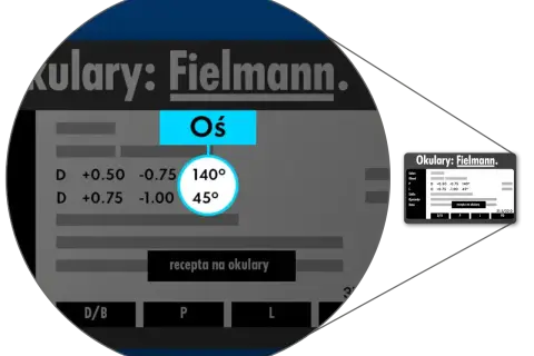 Fragment recepty na okulary z danymi: Oś 140° i 45°, soczewki D +0.50 -0.75 i D +0.75 -1.00.