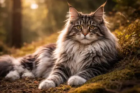 Majestatyczny kot rasy Maine Coon, z puszystą grzywą i pręgowanym futrem, odpoczywa w jesiennym lesie.