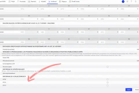 Formularz podatkowy z polami do wpisania zaliczek i dochodów. Widać sekcję "Informacje o załącznikach", gdzie można wybrać PIT/B, PIT/D lub PIT/O.