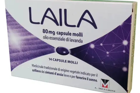 Confezione di LAILA, 14 capsule molli all'olio di lavanda, per il sollievo dai sintomi d'ansia lieve. Nuovi farmaci per l'ansia.