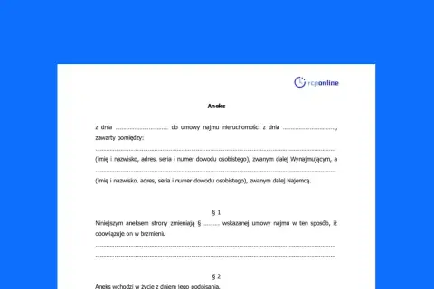 Aneks do umowy najmu nieruchomości. Dokument zawiera pola do wpisania danych stron i szczegółów zmian w umowie.