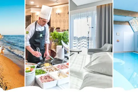 Wczasy nad morzem z wyżywieniem szwedzki stół: plaża, kucharz przygotowujący śniadanie, pokój hotelowy i basen.