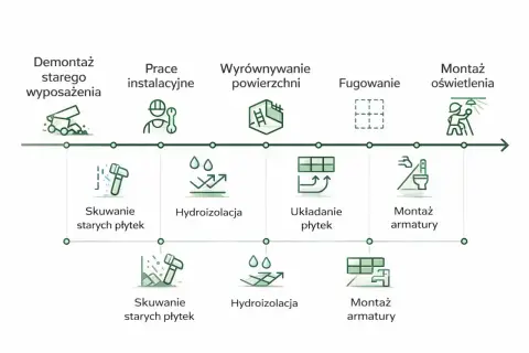 Schemat postępu prac przy remoncie domu: demontaż, instalacje, wyrównanie, fugowanie, montaż oświetlenia, skuwanie płytek, hydroizolacja, układanie płytek, montaż armatury.