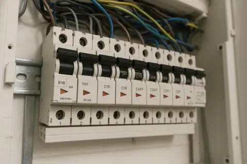 Szereg wyłączników nadprądowych, w tym B16 i C16, w skrzynce elektrycznej.