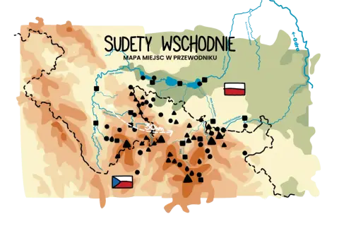 Mapa Sudetów Wschodnich z zaznaczonymi rzekami, miastami i szlakami. Gdzie są Sudety? Na mapie widać granice Polski i Czech.