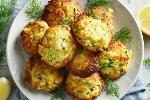 Goldbraune Zucchini-Puffer, garniert mit Dill und Zitronenspalten. Perfekt für leichte zucchini rezepte.
