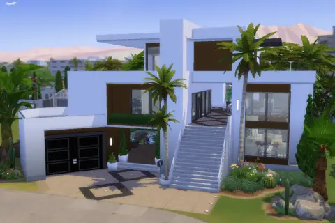 Nowoczesne domy w The Sims 4 bez dodatków, z basenem, palmami i kaktusami.