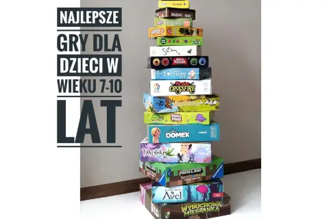 Stos **popularnych gier dla dzieci** w wieku 7-10 lat, od Sabotażysty po Wybuchową Mieszkankę.