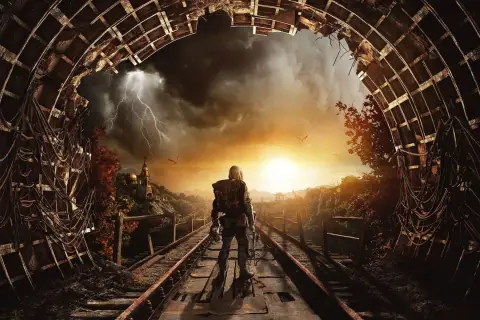 Postapokaliptyczny krajobraz z postacią na torach, burza i wschód słońca. Sprawdź metro exodus wymagania.