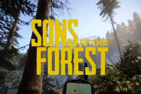 Napis "Sons of the Forest" na tle gęstego lasu i gór. Widać też fragment urządzenia z mapą, jakby gracza w grze "the forest 2 ps5".