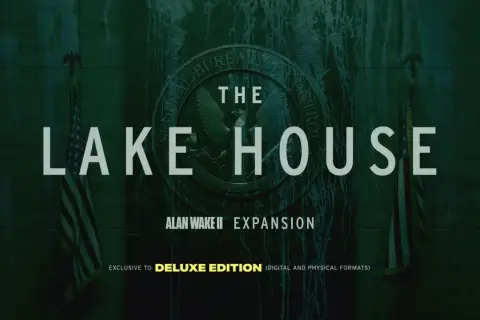 The Lake House" - nowy dodatek do Alan Wake 2, z pieczęcią Federalnego Biura Kontroli i amerykańską flagą.