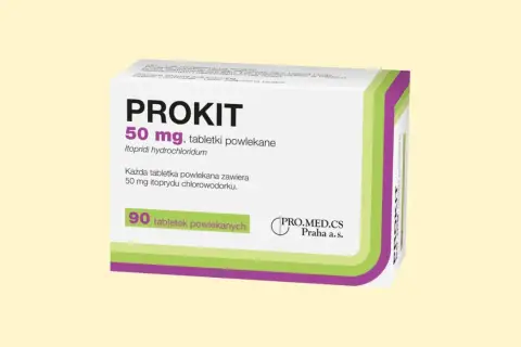 Prokit 50 mg, tabletki powlekane. Lek na problemy żołądkowe, zawiera itoprydu chlorowodorek. Opakowanie 90 tabletek.