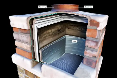 Przekrój komina po frezowaniu, ukazujący nowy wkład ceramiczny i uszczelnienie.